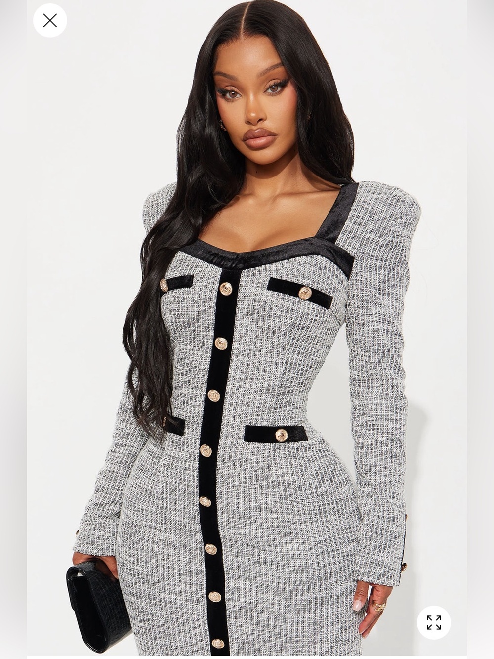 Elegant Gray Tweed Bodycon Dress with Black Trim🐼